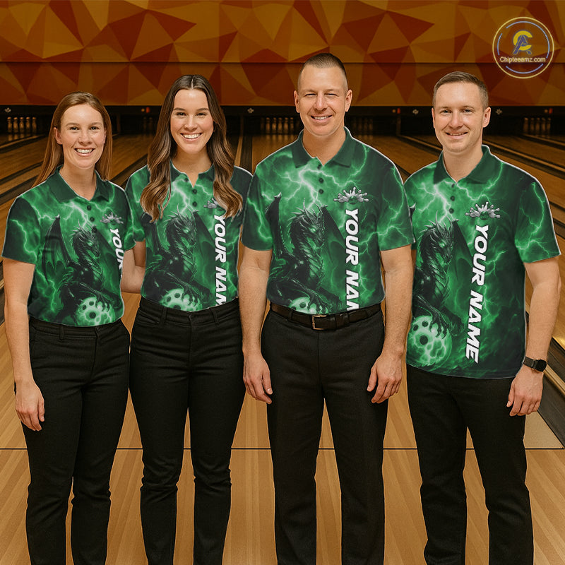 Custom Green Thunder Lightning Bowling Team Men Polo Shirt, Dragon Bowling Jerseys IPHW10199