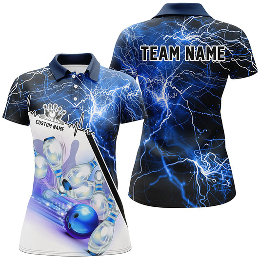 Strike Bowling On The Lane Custom Blue Thunder Lightning Ladies Bowling Team Shirts IPHW6264