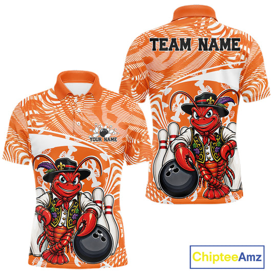 Front and back views of an orange custom men's bowling polo shirt featuring a funny Cajun crawfish leaning on a bowling ball with a swamp inspired texture background.