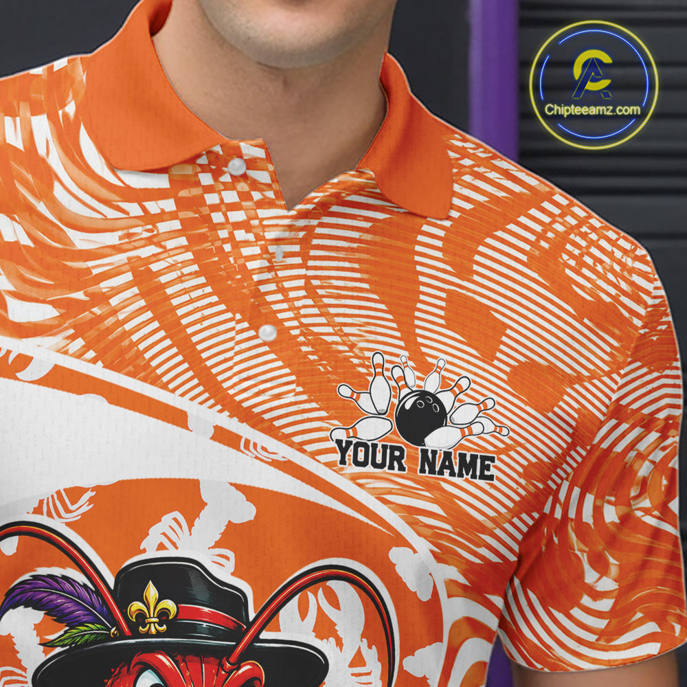 Close up front view of the left chest area on an orange custom bowling polo shirt featuring a funny Cajun crawfish leaning on a bowling ball and a swamp inspired texture background.