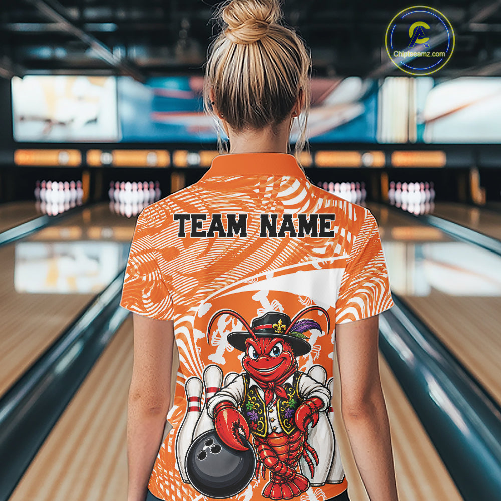 Back view of a female model in a bowling alley wearing an orange custom bowling polo shirt with a funny Cajun crawfish leaning on a bowling ball and a swamp-inspired texture background.