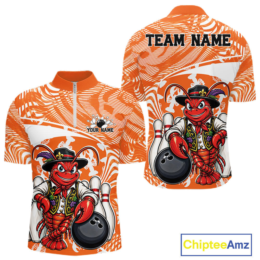 Front and back views of an orange custom quarter-zip bowling shirt featuring a funny Cajun crawfish leaning on a bowling ball with a swamp-inspired texture background.
