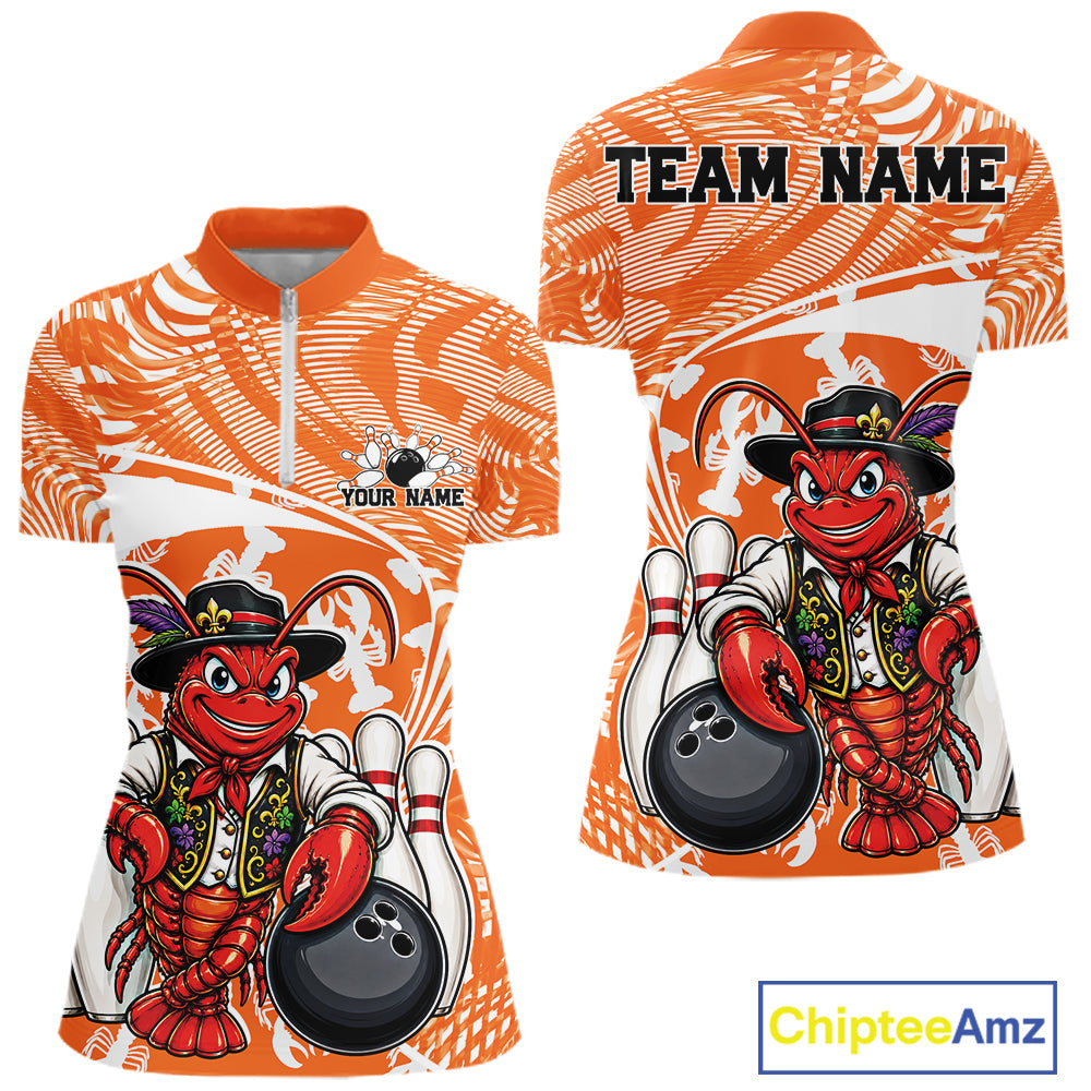 Front and back views of an orange custom women's quarter-zip bowling shirt featuring a funny Cajun crawfish leaning on a bowling ball with a swamp-inspired texture background.