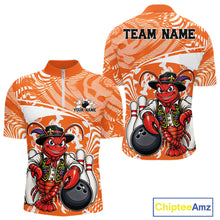 Load image into Gallery viewer, Front and back views of an orange custom quarter-zip bowling shirt featuring a funny Cajun crawfish leaning on a bowling ball with a swamp-inspired texture background.