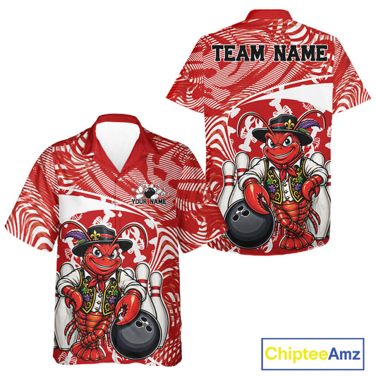 Front and back views of a red custom bowling button up shirt featuring a funny Cajun crawfish leaning on a bowling ball with a swamp inspired texture background.