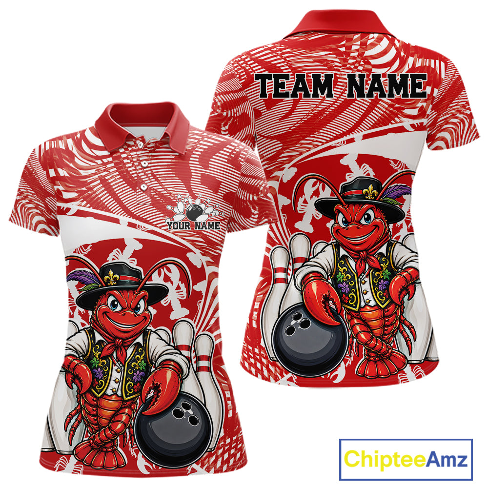 Front and back views of a red custom women's bowling polo shirt featuring a funny Cajun crawfish leaning on a bowling ball with a swamp inspired texture background.