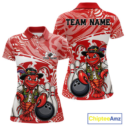 Front and back views of a red custom women's bowling polo shirt featuring a funny Cajun crawfish leaning on a bowling ball with a swamp inspired texture background.