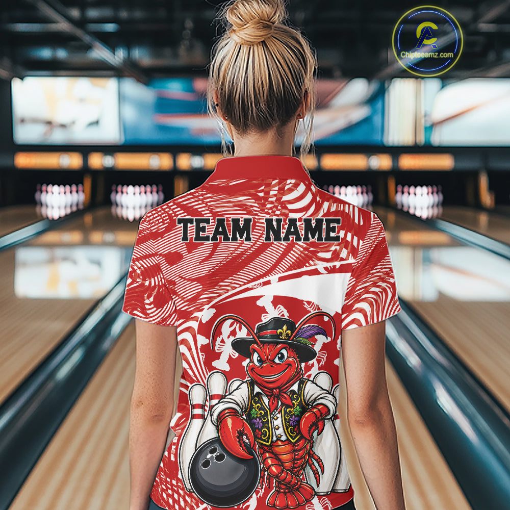 Back view of a female model in a bowling alley wearing a red custom quarter-zip bowling shirt with a funny Cajun crawfish leaning on a bowling ball and a swamp-inspired texture background.