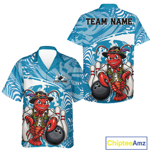 Front and back views of a blue custom bowling button up shirt featuring a funny Cajun crawfish leaning on a bowling ball with a swamp inspired texture background.