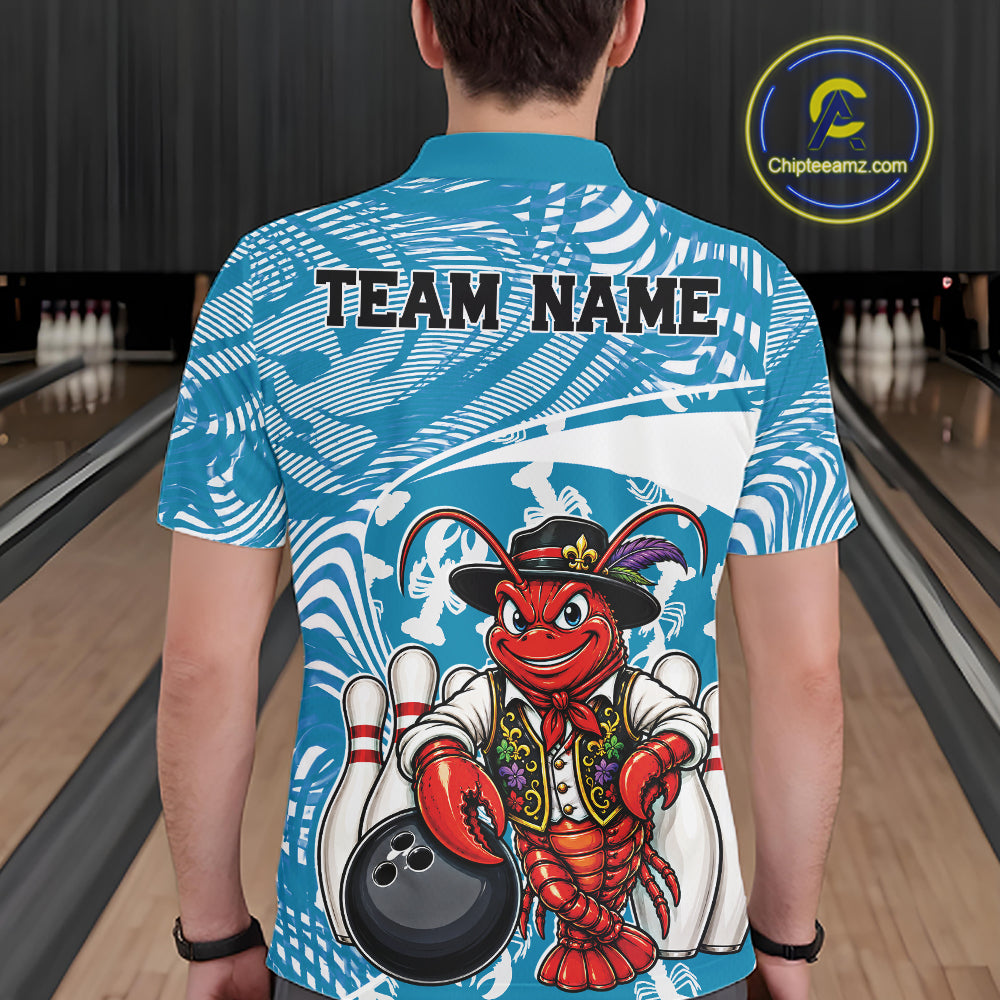 Back view of a male model in a bowling alley wearing a blue custom bowling polo shirt with a funny Cajun crawfish leaning on a bowling ball and a swamp inspired texture background.