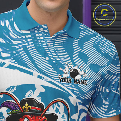 Close up front view of the left chest area on a blue custom bowling polo shirt featuring a funny Cajun crawfish leaning on a bowling ball and a swamp inspired texture background.