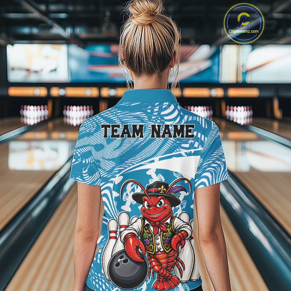 Back view of a female model in a bowling alley wearing a blue custom bowling polo shirt with a funny Cajun crawfish leaning on a bowling ball and a swamp-inspired texture background.