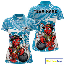Load image into Gallery viewer, Front and back views of a blue custom women's bowling polo shirt featuring a funny Cajun crawfish leaning on a bowling ball with a swamp inspired texture background.