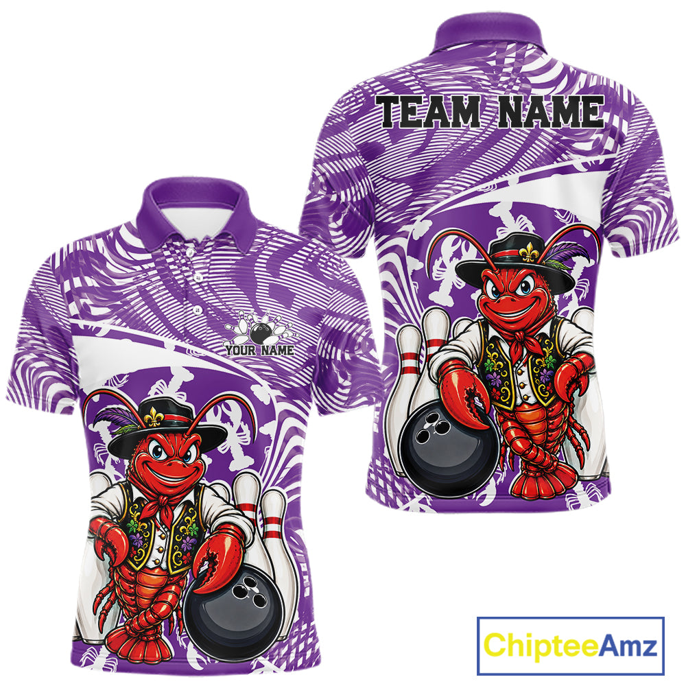 Front and back views of a purple custom men's bowling polo shirt featuring a funny Cajun crawfish leaning on a bowling ball with a swamp inspired texture background.
