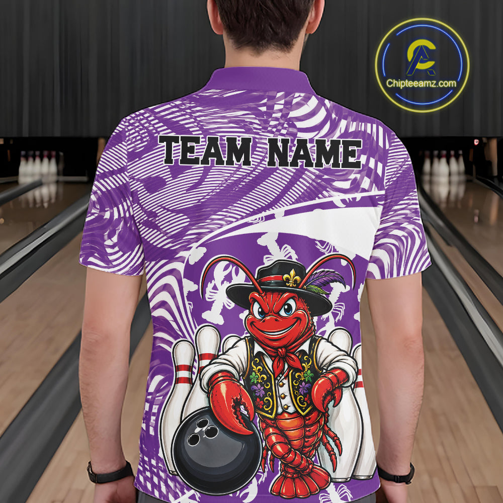 Back view of a male model in a bowling alley wearing a purple custom bowling polo shirt with a funny Cajun crawfish leaning on a bowling ball and a swamp inspired texture background.