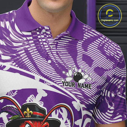Close up front view of the left chest area on a purple custom bowling polo shirt featuring a funny Cajun crawfish leaning on a bowling ball and a swamp inspired texture background.