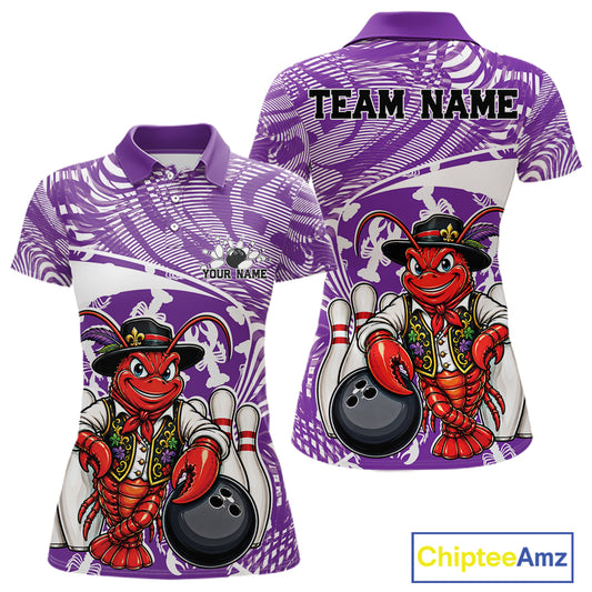 Front and back views of a purple custom women's bowling polo shirt featuring a funny Cajun crawfish leaning on a bowling ball with a swamp inspired texture background.