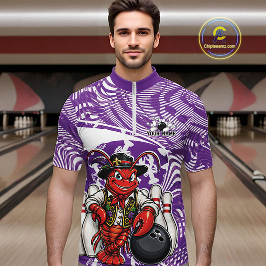 Front view of a male model in a bowling alley wearing a purple custom quarter-zip bowling shirt with a funny Cajun crawfish leaning on a bowling ball and a swamp-inspired texture background.