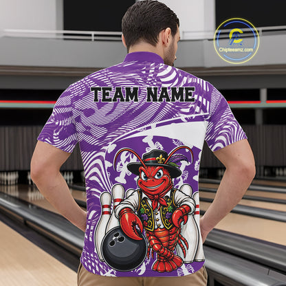 Back view of a male model in a bowling alley wearing a purple custom quarter-zip bowling shirt with a funny Cajun crawfish leaning on a bowling ball and a swamp-inspired texture background.