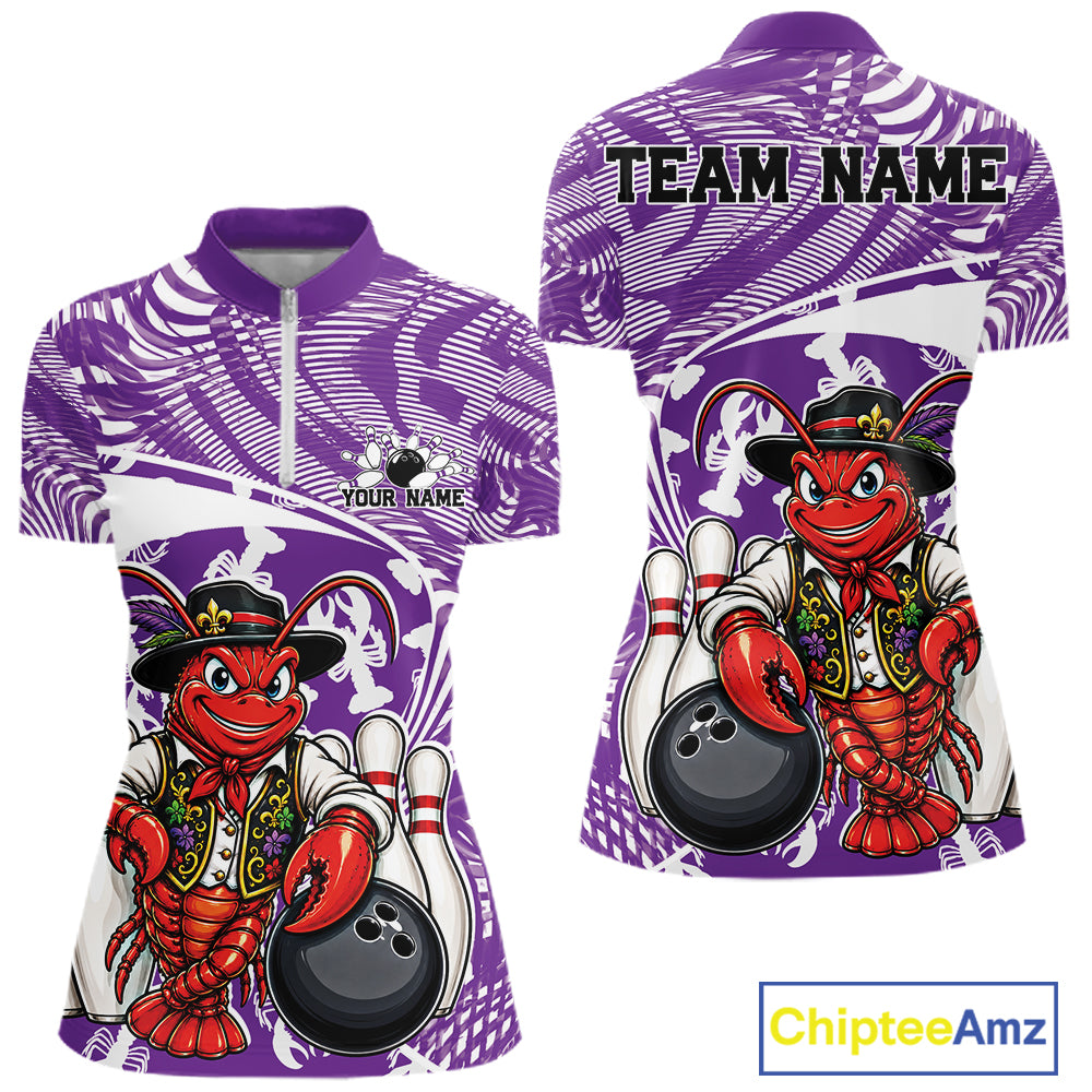 Front and back views of a purple custom women's quarter-zip bowling shirt featuring a funny Cajun crawfish leaning on a bowling ball with a swamp-inspired texture background.