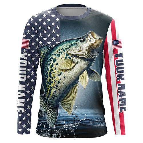 Personalized American Flag Crappie Long Sleeve Fishing Shirts, Patriotic Crappie Fishing Jerseys IPHW6879