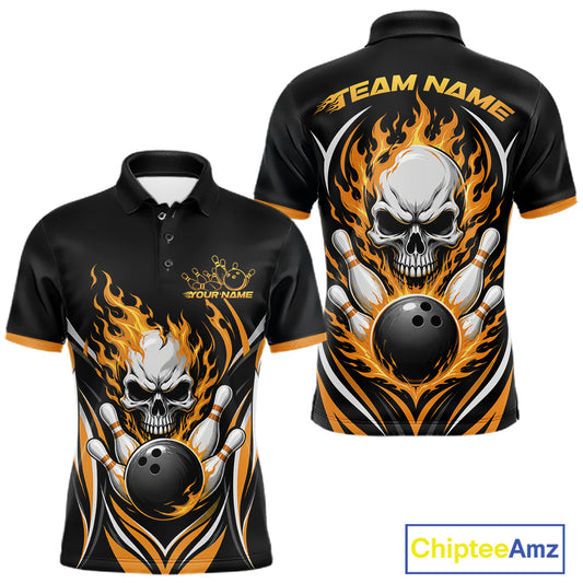 Custom Yellow Flame Skull Bowling Men Polo Shirt, Halloween Bowling Jersey IPHW11699