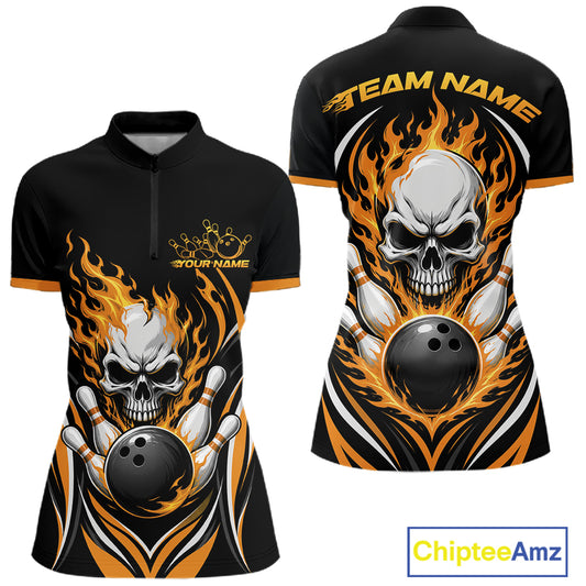 Custom Yellow Flame Skull Bowling Women Quarter-Zip Shirt, Halloween Bowling Jersey IPHW11699