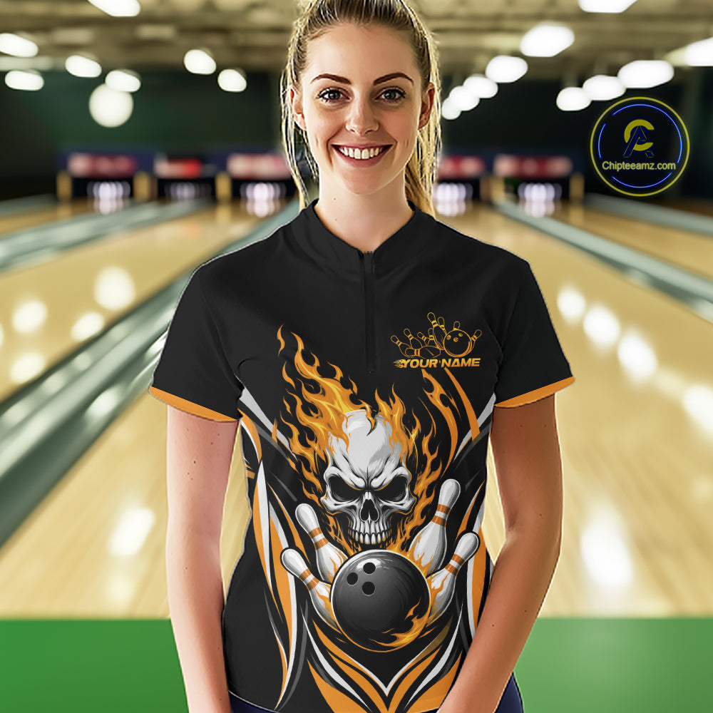 Custom Yellow Flame Skull Bowling Women Quarter-Zip Shirt, Halloween Bowling Jersey IPHW11699