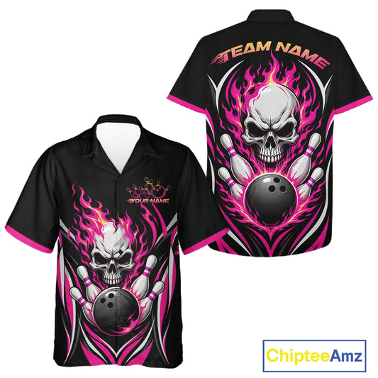 Custom Pink Flame Skull Bowling Men And Women Hawaiian Shirt, Halloween Bowling Jersey IPHW11700