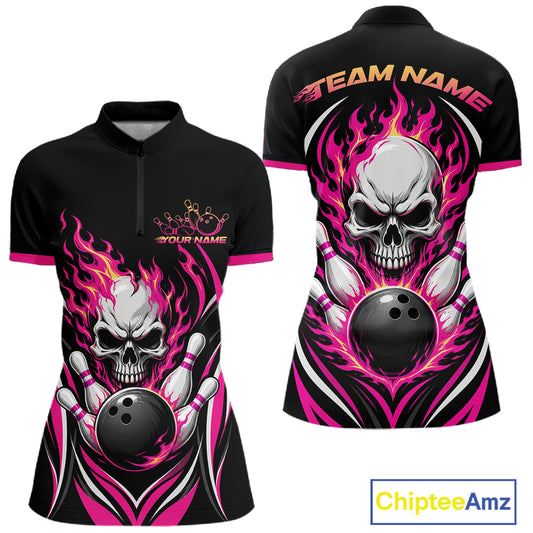 Custom Pink Flame Skull Bowling Women Quarter-Zip Shirt, Halloween Bowling Jersey IPHW11700