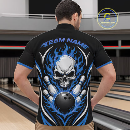 Custom Blue Flame Skull Bowling Men Quarter Zip Shirt, Halloween Bowling Jersey IPHW11701