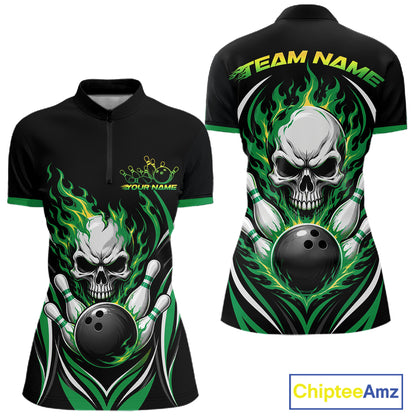 Custom Green Flame Skull Bowling Women Quarter-Zip Shirt, Halloween Bowling Jersey IPHW11702
