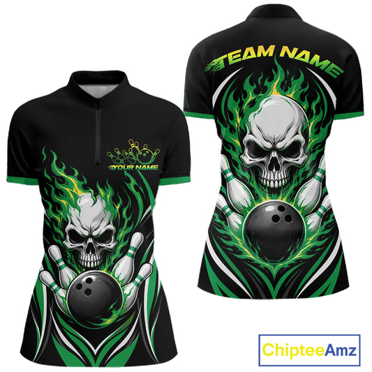Custom Green Flame Skull Bowling Women Quarter-Zip Shirt, Halloween Bowling Jersey IPHW11702