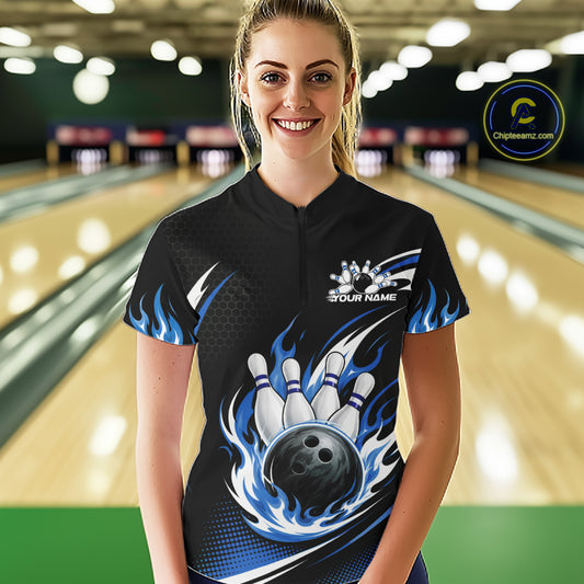 Custom Blue Flame Bowling Jerseys, Bowling Team Women Quarter-Zip Shirt Bowlers Outfit IPHW11706