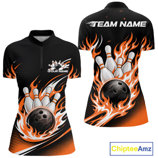 Custom Orange Flame Bowling Jerseys, Bowling Team Women Quarter-Zip Shirt Bowlers Outfit IPHW11709
