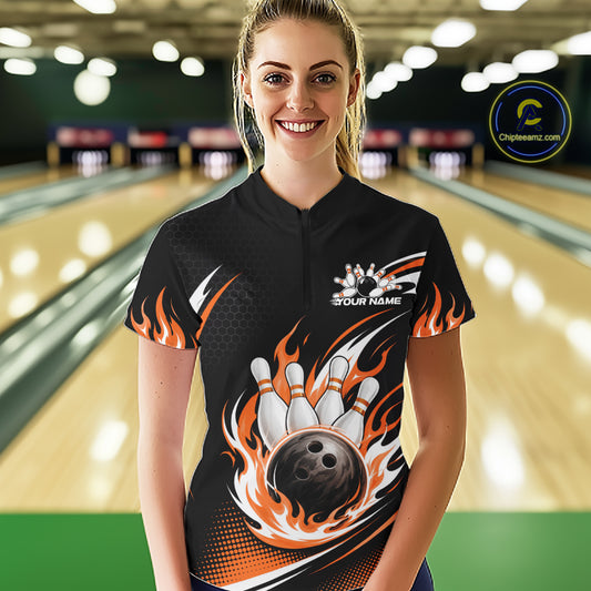 Custom Orange Flame Bowling Jerseys, Bowling Team Women Quarter-Zip Shirt Bowlers Outfit IPHW11709