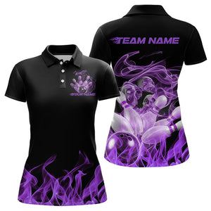 Custom Black And Purple Flame Bowling Polo Shirts For Women, Purple Smoke Bowling Team Shirt IPHW8061