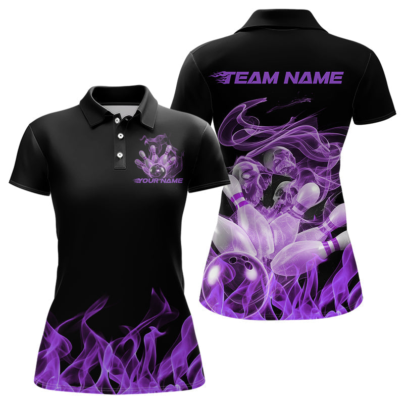 Custom Black And Purple Flame Bowling Polo Shirts For Women, Purple Smoke Bowling Team Shirt IPHW8061