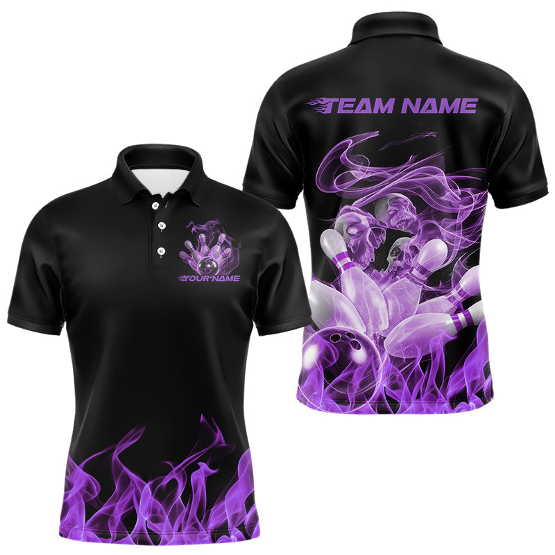 Custom Black And Purple Flame Bowling Polo Shirts For Men, Purple Smoke Bowling Team Shirt IPHW8061