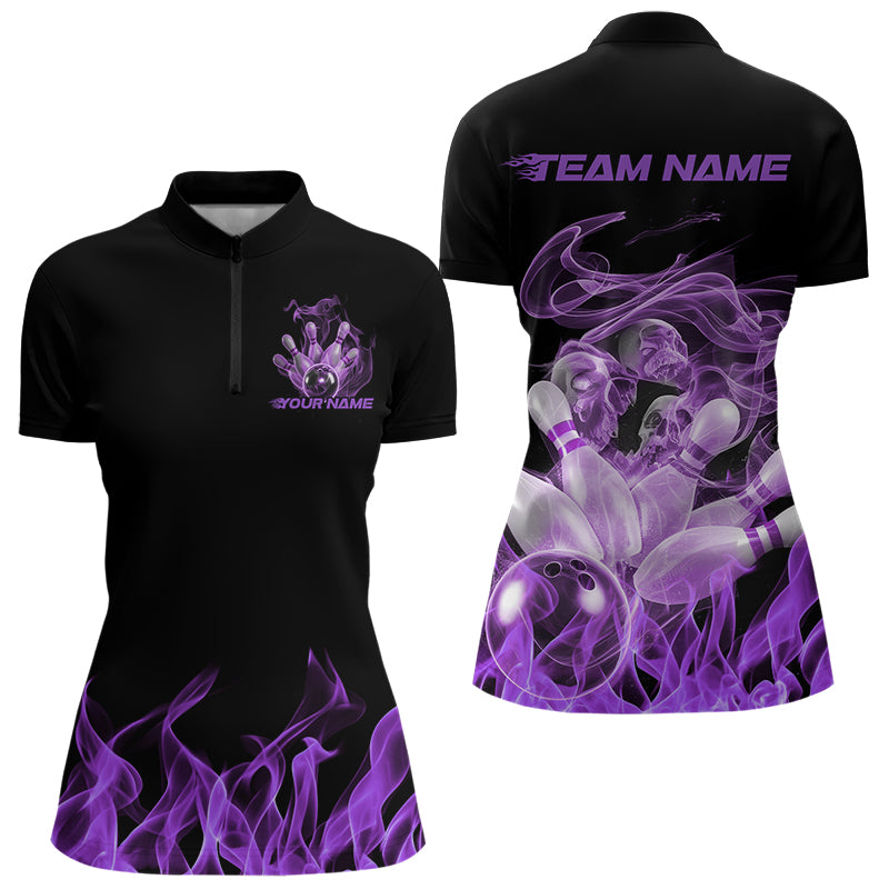 Custom Black And Purple Flame Bowling Quarter-Zip Shirts For Women, Purple Smoke Bowling Team Shirt IPHW8061