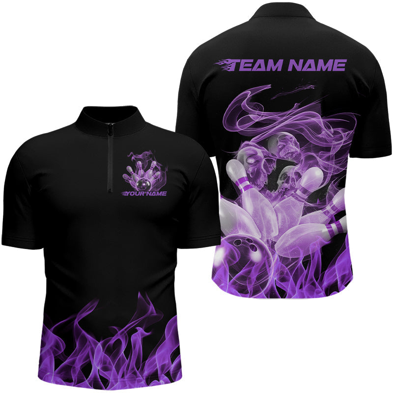 Custom Black And Purple Flame Bowling Quarter-Zip Shirts For Men, Purple Smoke Bowling Team Shirt IPHW8061