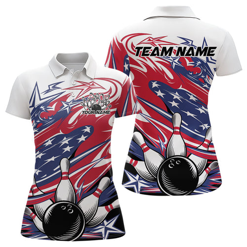 Custom Patriotic Bowling Polo Shirts For Women, Us Flag Bowling League Shirt Bowler Outfit IPHW8064