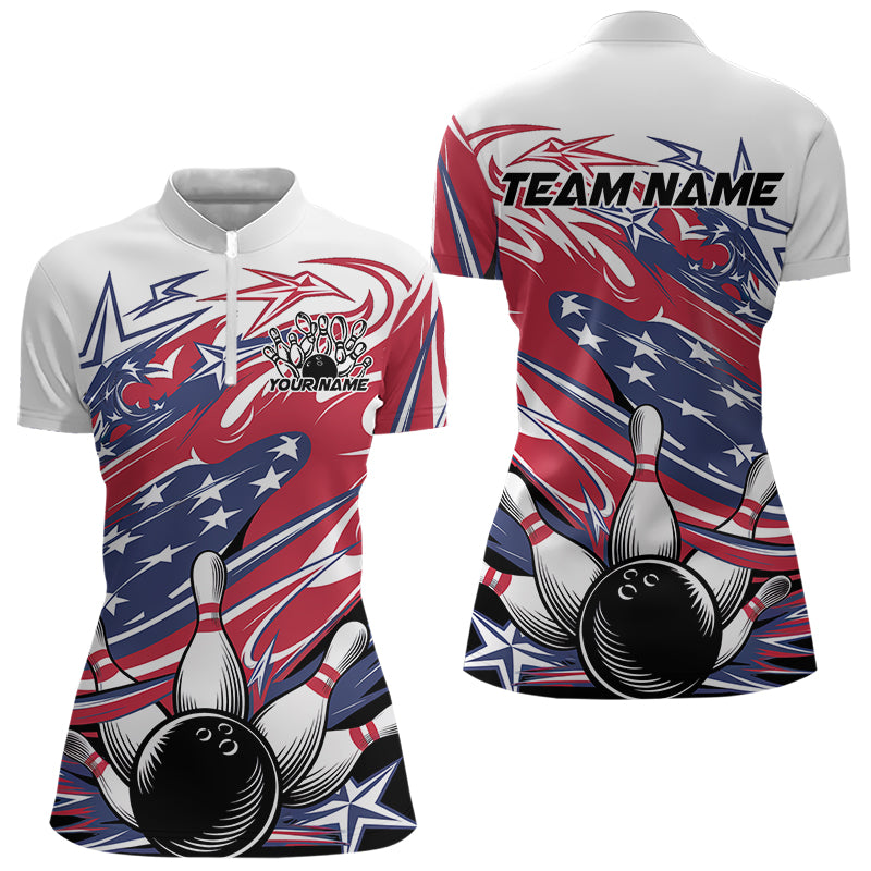 Custom Patriotic Bowling Quarter-Zip Shirts For Women, Us Flag Bowling League Shirt Bowler Outfit IPHW8064