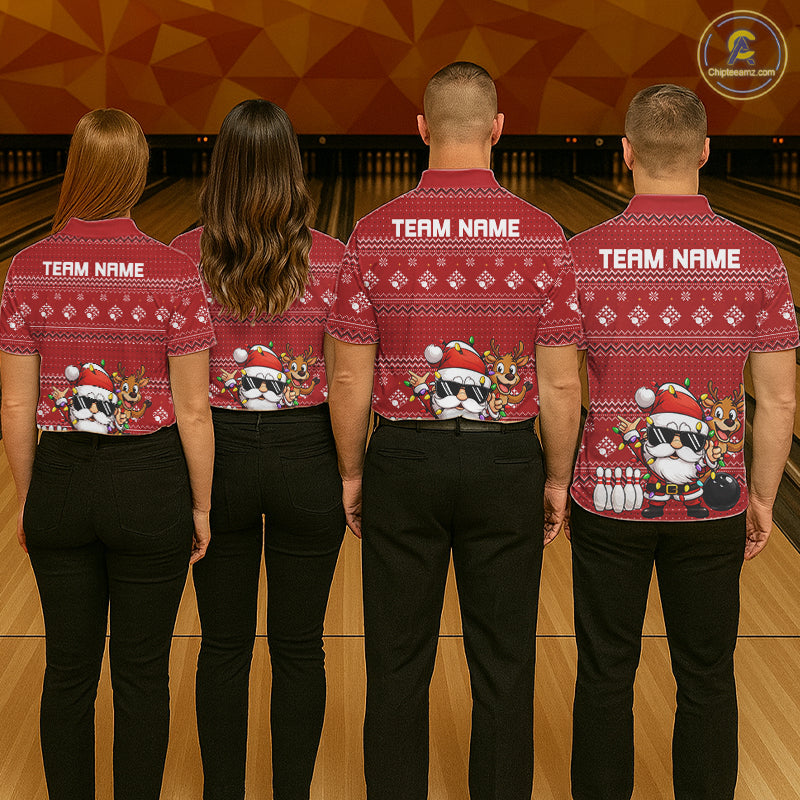 Custom Funny Christmas Men Bowling Shirts, Santa Claus And Reindeer Xmas Bowling Shirt IPHW10203