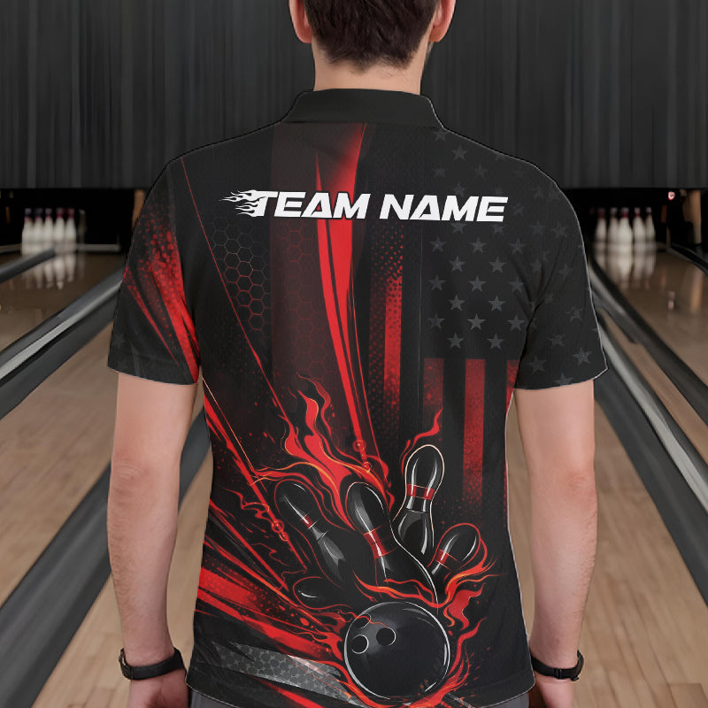 Custom Black And Red US Flag Patriotic Men Bowling Shirt, American Flame Bowling Jerseys IPHW10640