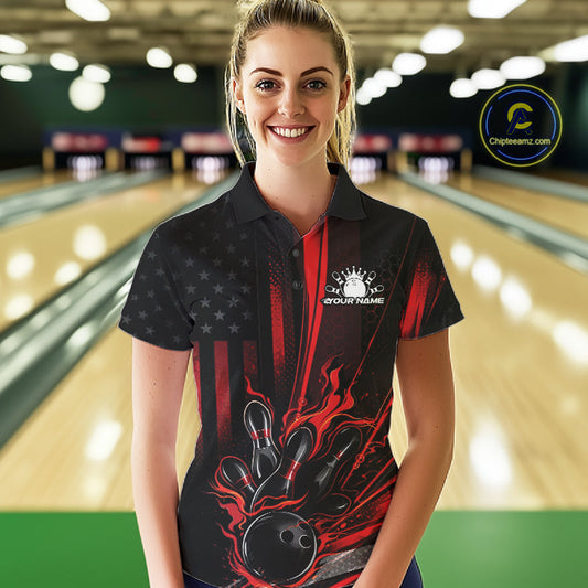 Custom Black And Red US Flag Patriotic Women Bowling Shirt, American Flame Bowling Jerseys IPHW10640
