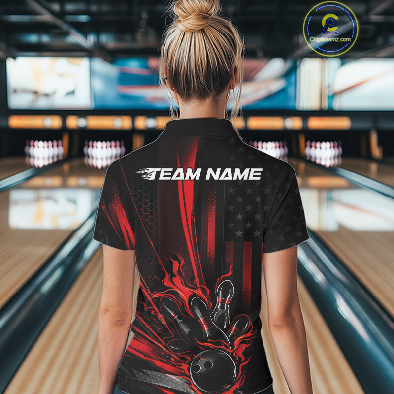 Custom Black And Red US Flag Patriotic Women Bowling Shirt, American Flame Bowling Jerseys IPHW10640