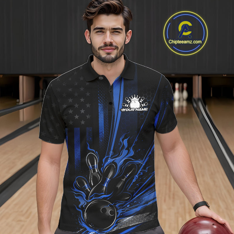 Custom Black And Blue US Flag Patriotic Men Bowling Shirt, American Flame Bowling Jerseys IPHW10641