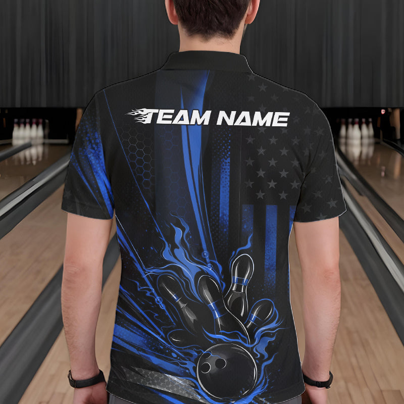 Custom Black And Blue US Flag Patriotic Men Bowling Shirt, American Flame Bowling Jerseys IPHW10641
