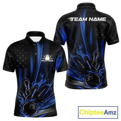 Custom Black And Blue US Flag Patriotic Men Bowling Shirt, American Flame Bowling Jerseys IPHW10641